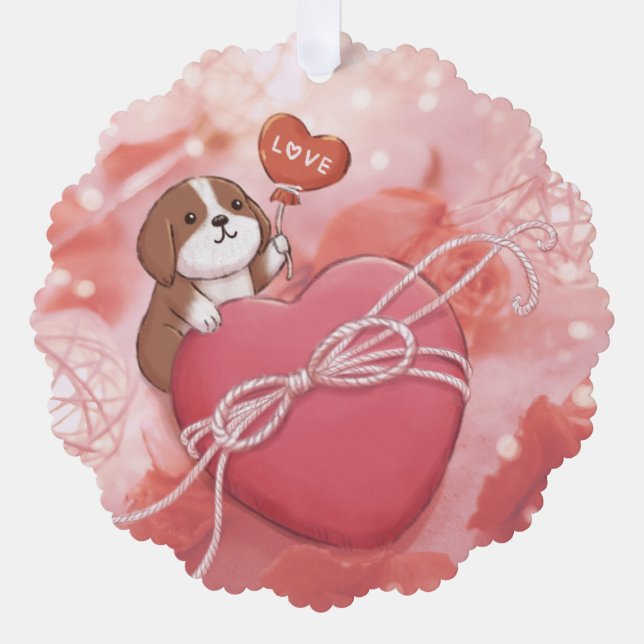 Valentine's Day: Beagle, Heart & Lights Ornament Card (Front)