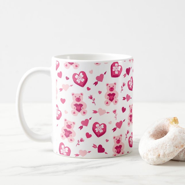 Valentine's Day Bear Hearts Pink Love Pattern Coffee Mug (With Donut)