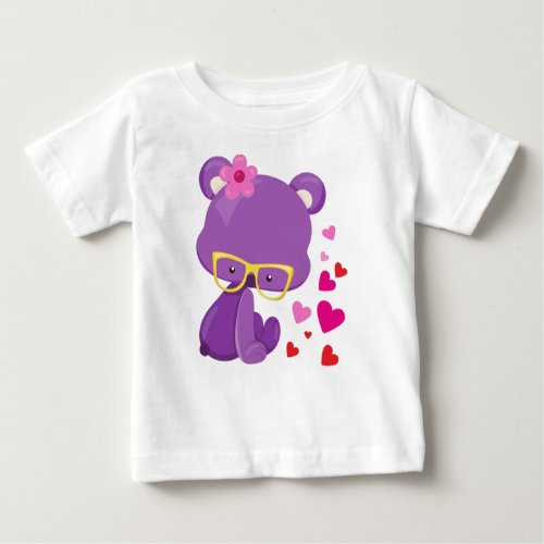 Valentines Day Bear Purple Bear Glasses Hearts Baby T_Shirt