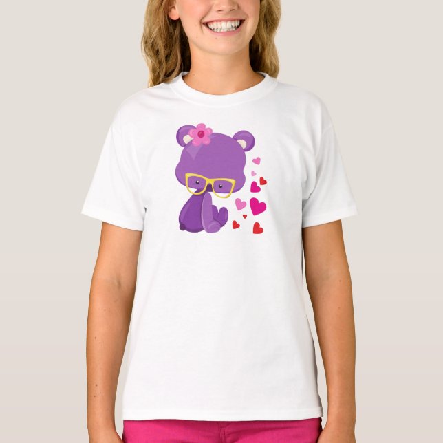 Valentine's Day Bear, Purple Bear, Glasses, Hearts T-Shirt (Front)
