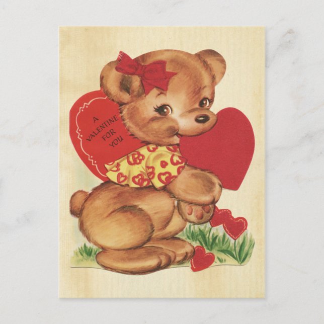 Valentine's Day Bear Read Heart Retro Kids Sweet Holiday Postcard (Front)