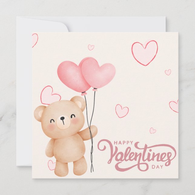 Valentine's Day Bear With Heart Balloon Holiday Card (Front)
