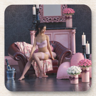 Valentine's Day Beauty in Lingerie on the Couch Beverage Coaster