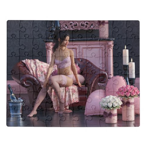 Valentines Day Beauty in Lingerie on the Couch Jigsaw Puzzle