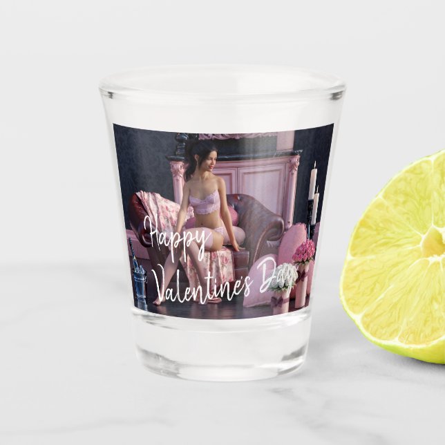 Valentine's Day Beauty in Lingerie on the Couch Shot Glass (Front)