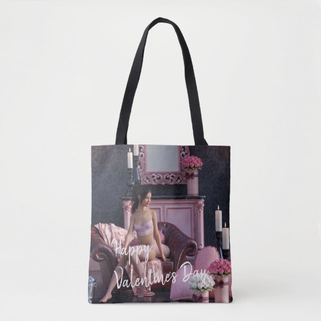 Valentine's Day Beauty in Lingerie on the Couch Tote Bag (Front)