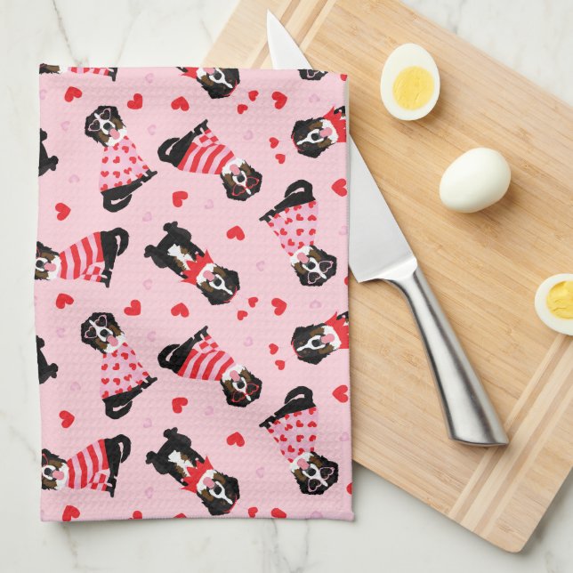 Valentines Day Bernese Mountain Dogs Kitchen Towel (Quarter Fold)