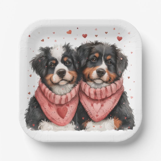 Valentines Day Bernese Mountain Dogs Paper Plates (Front)
