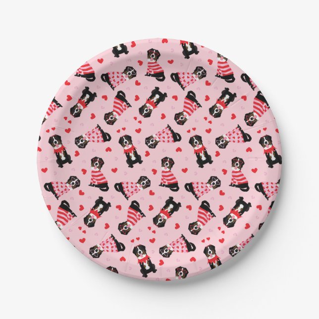 Valentines Day Bernese Mountain Dogs Paper Plates (Front)