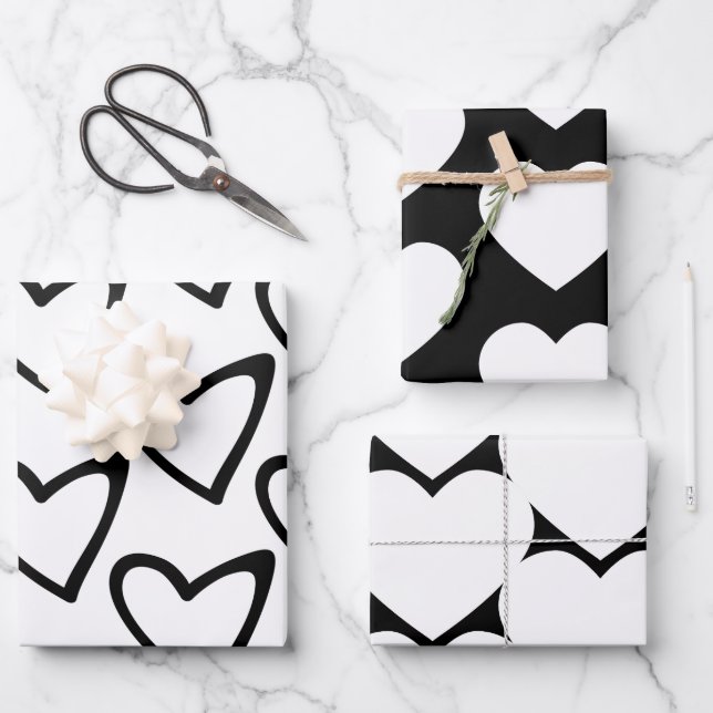 Valentines Day Big Hearts Black White Pattern Wrapping Paper Sheets (Front)