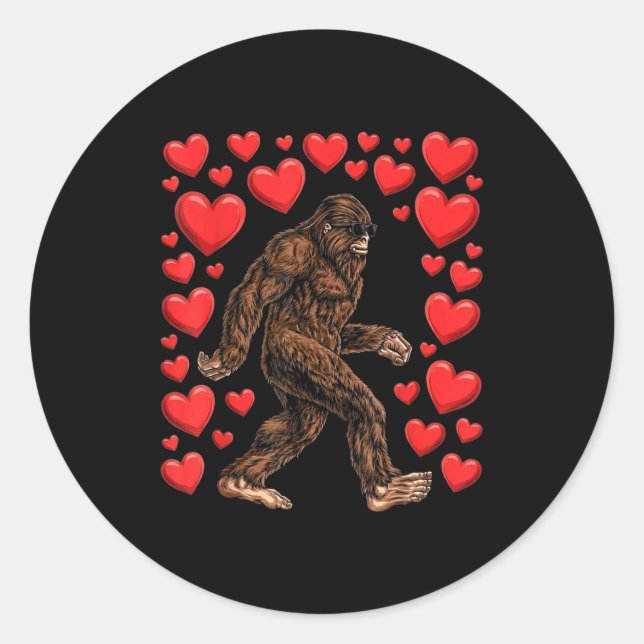 Valentines Day Bigfoot Red Hearts Funny Sasquatch  Classic Round Sticker (Front)