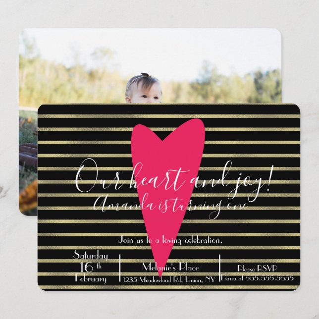 Valentines Day Birthday Heart Striped Foil Invitation (Front/Back)