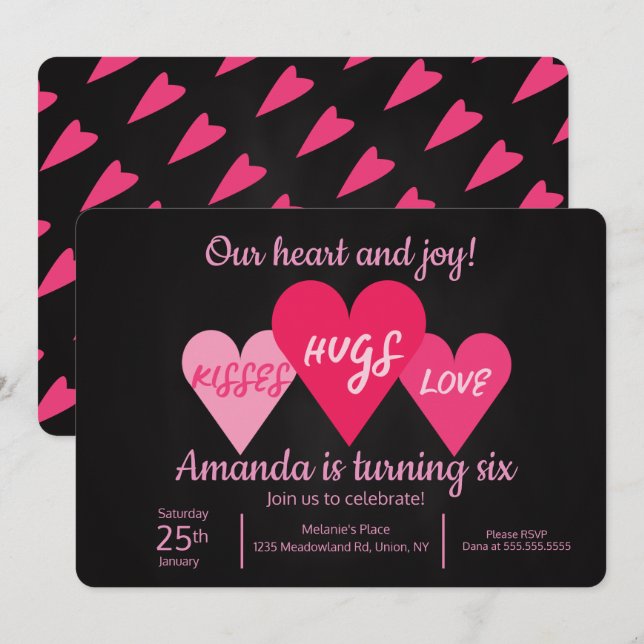 Valentines Day Birthday Party Hearts Chalkboard Invitation (Front/Back)