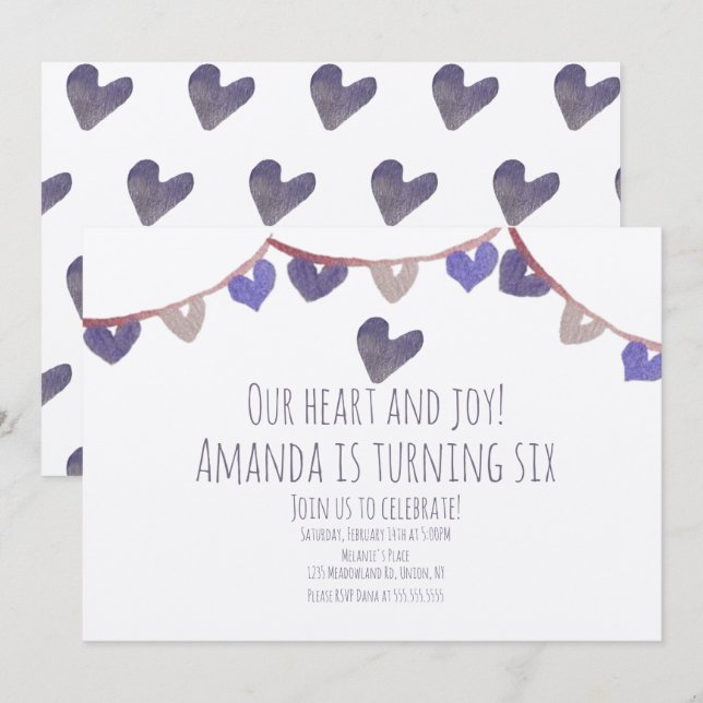 Valentines Day Birthday Party Hearts Watercolor In Invitation (Front/Back)
