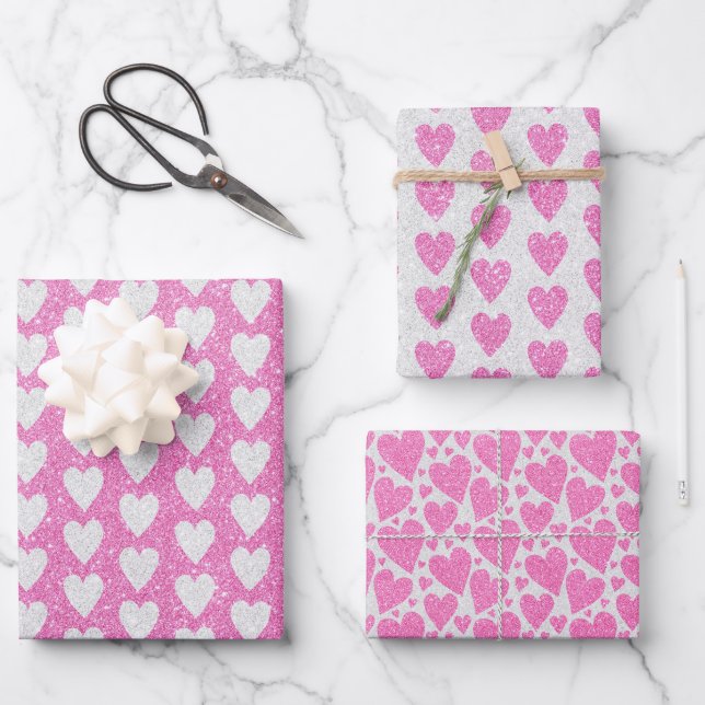 Valentine's Day Birthday Pink White Glitter Hearts Wrapping Paper Sheets (Front)