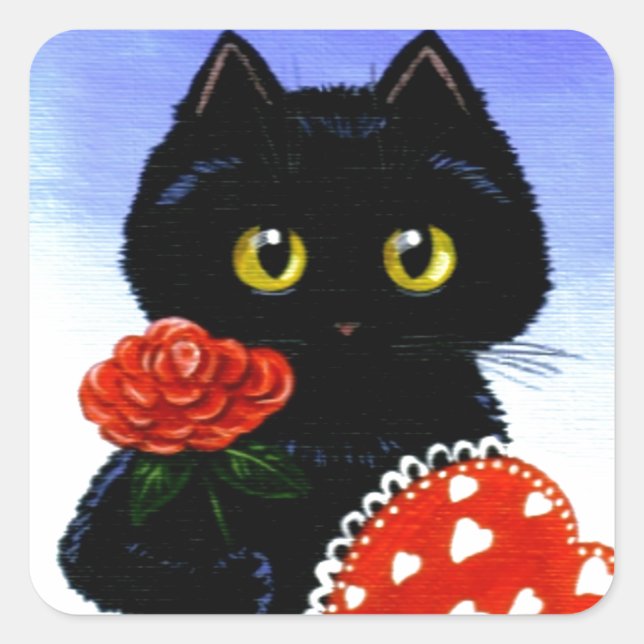 Valentine's Day Black Cat Art Creationarts Square Sticker (Front)