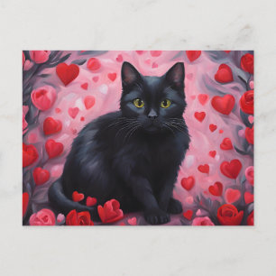 Valentine's Day Black Cat with Hearts and Roses  Holiday Postcard