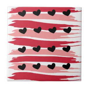 Valentines Day Black Hearts Red Pink Stripes Ceramic Tile