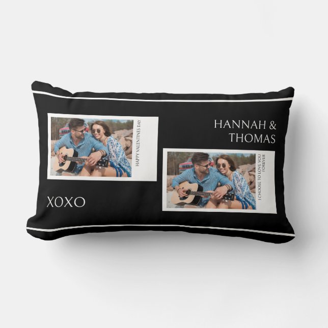 Valentines Day Black Modern Photo Collage Lumbar Pillow (Front)