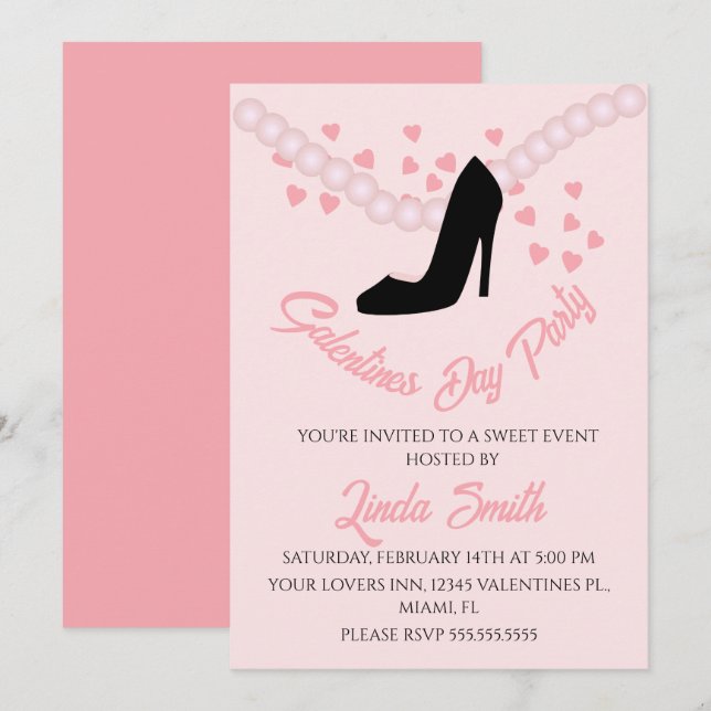 Valentines Day Black Pink Hearts Heels Invitation (Front/Back)