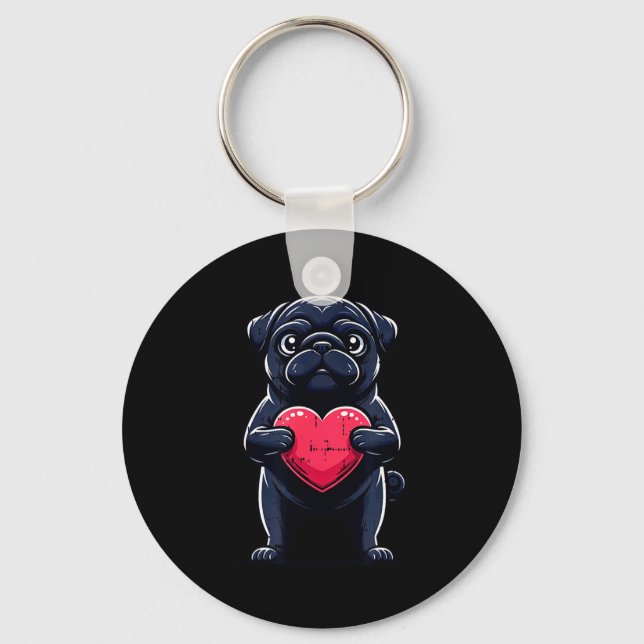 Valentines Day Black Pug Heart Funny Dog Mom Dad F Keychain (Front)