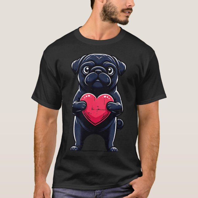 Valentines Day Black Pug Heart Funny Dog Mom Dad F T-Shirt (Front)