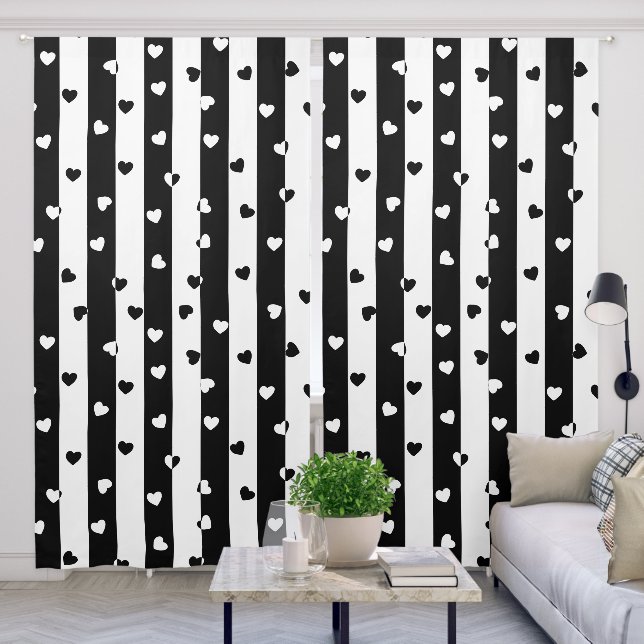 valentines day black white vertical stripes hearts blackout curtains (Living Room)