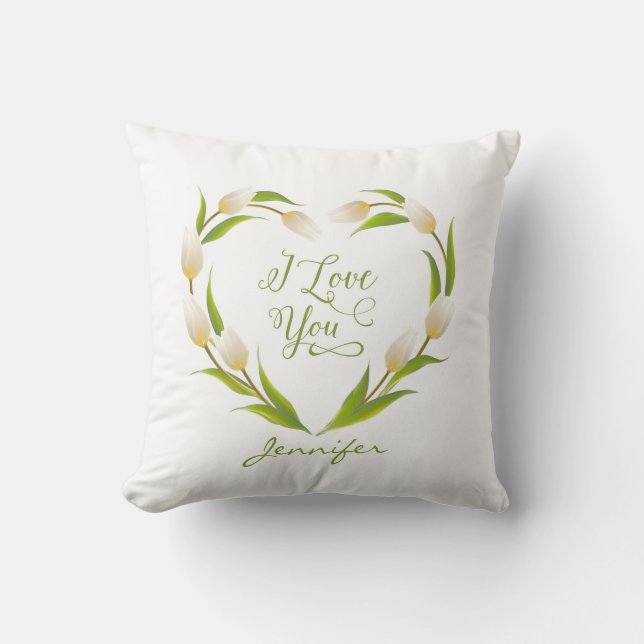 Valentine's Day Blooming Tulip Heart Green Pink Throw Pillow (Front)