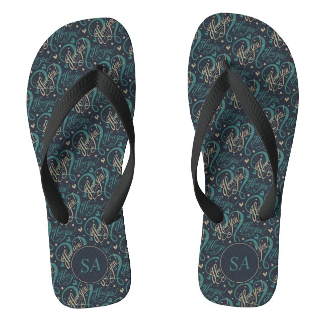 Valentine's Day Blue Brown I Love You Typography Flip Flops (Footbed)