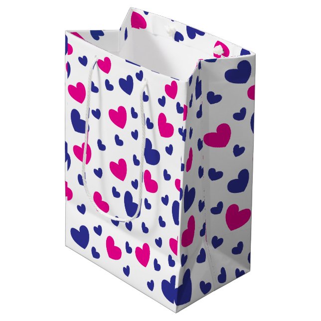 Valentines Day Blue Pink Hearts Pattern Medium Gift Bag (Front Angled)