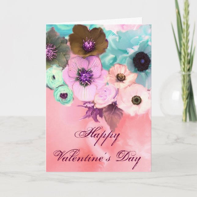 VALENTINE'S DAY BLUE PINK ROSES, ANEMONE FLOWERS HOLIDAY CARD (Front)
