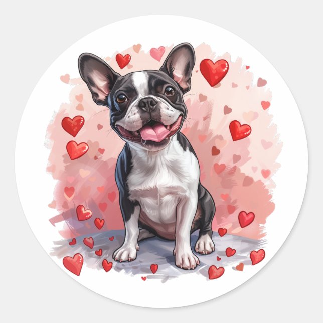 Valentines Day Boston Terrier Dog Classic Round Sticker (Front)