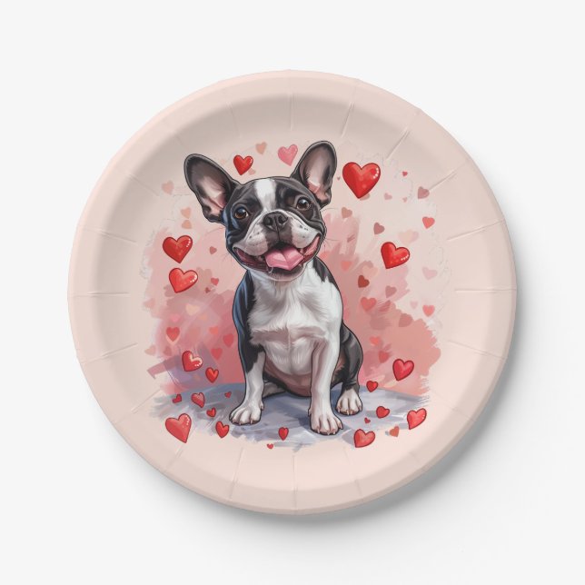 Valentines Day Boston Terrier Dog Paper Plates (Front)