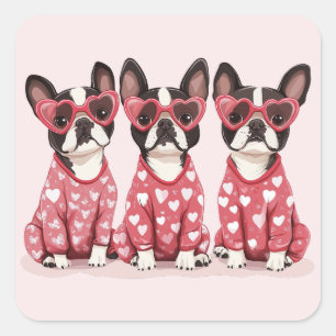 Valentines Day Boston Terrier Dogs Square Sticker