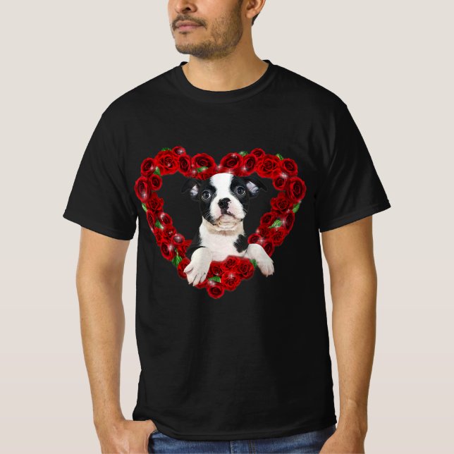Valentines Day Boston Terrier Heart Roses Gift Dog T-Shirt (Front)