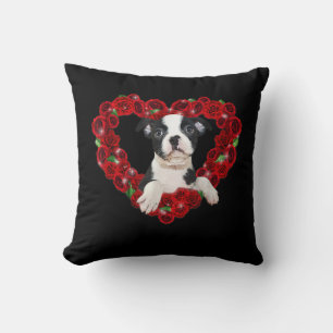 Valentines Day Boston Terrier Heart Roses Gift Dog Throw Pillow