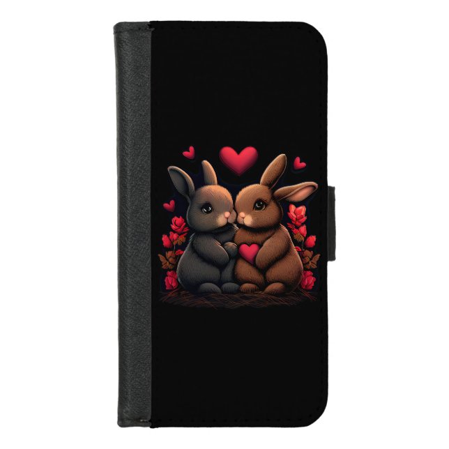 Valentine's Day Bunny Bliss, Love Hearts and Roses iPhone Wallet Case (Front)