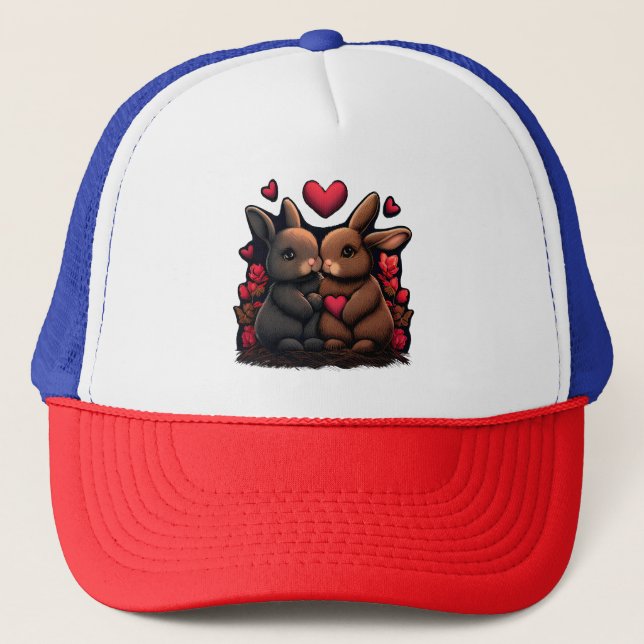 Valentine's Day Bunny Bliss, Love Hearts and Roses Trucker Hat (Front)
