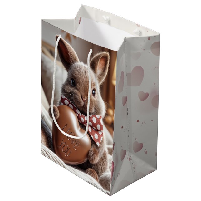 Valentine's Day Bunny With Chocolate Heart Medium Gift Bag (Front Angled)
