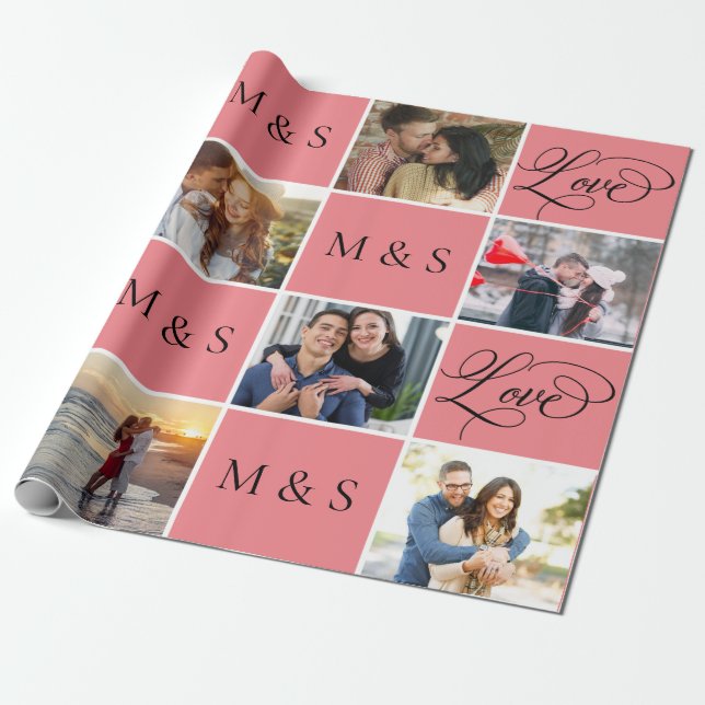Valentine's Day Calligraphy Photo Collage Wrapping Paper (Unrolled)