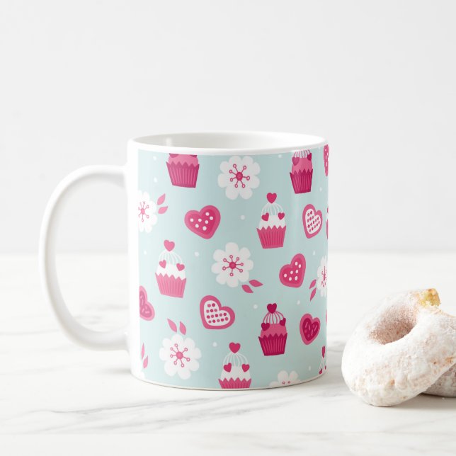 Valentine's Day Candy Hearts Cupcakes Flowers Coffee Mug (With Donut)
