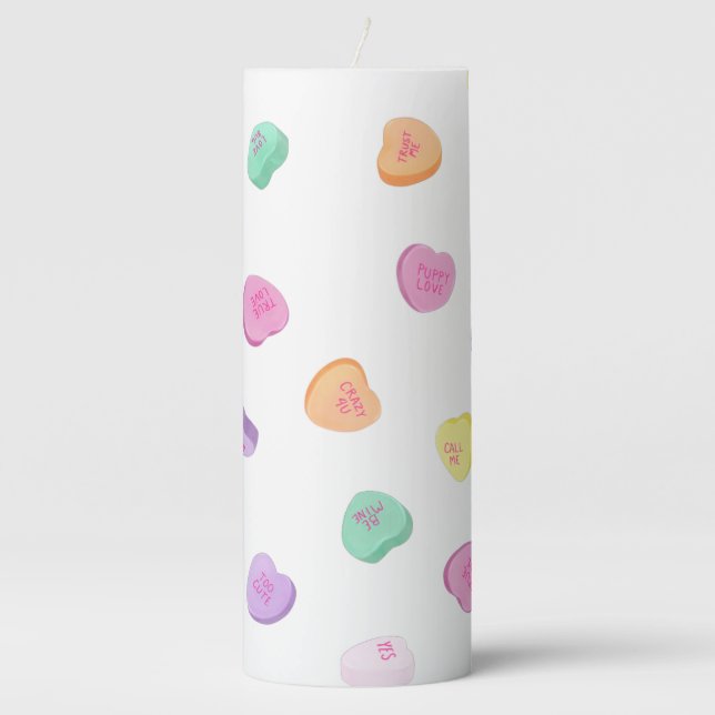 Valentines Day Candy Hearts Pattern Pillar Candle (Front)