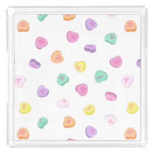 Valentines Day Candy Hearts Pattern Round Pillow Acrylic Tray