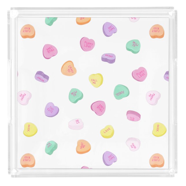 Valentines Day Candy Hearts Pattern Round Pillow Acrylic Tray (Front)