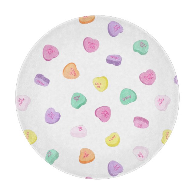 Valentines Day Candy Hearts Pattern Round Pillow Cutting Board (Front)