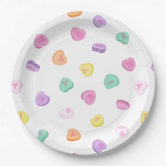 Valentines Day Candy Hearts Pattern Round Pillow Paper Plates (Front)