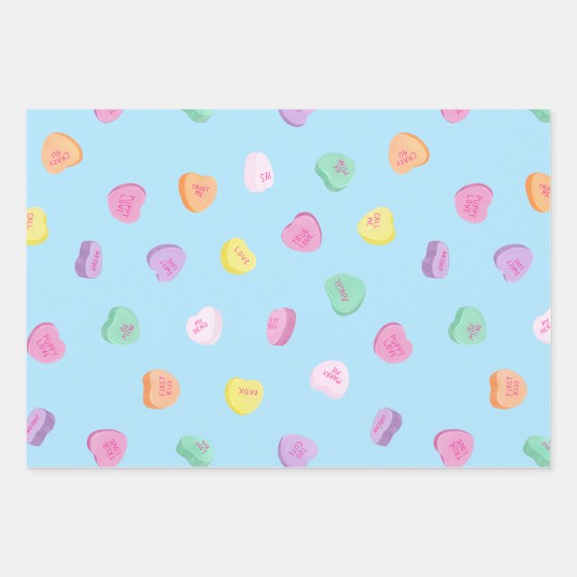 Valentines Day Candy Hearts Pattern Wrapping Paper Sheets (Front)