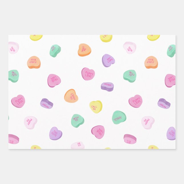 Valentines Day Candy Hearts Pattern Wrapping Paper Sheets (Front)