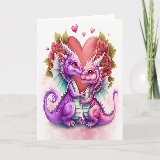 Valentines Day Card of Loving Purple Dragon Couple (Front)