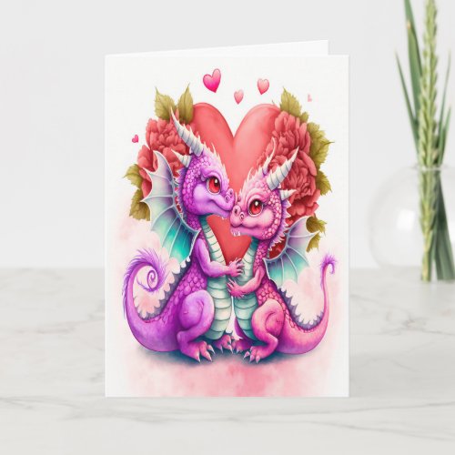 Valentines Day Card of Loving Purple Dragon Couple